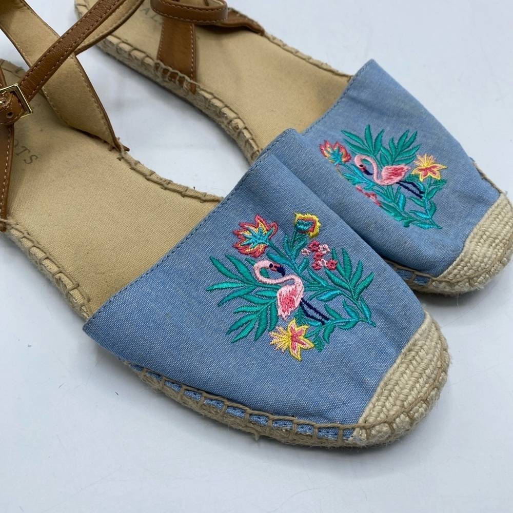 Flamingo Tropical TALBOTS Izzy Espadrille Sandals Blue Chambray Embroidered 9.5 - Picture 7 of 7